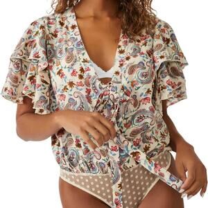 Intimately Free People Call Me Later Paisley Print Tie Neck Bodysuit Size Medium